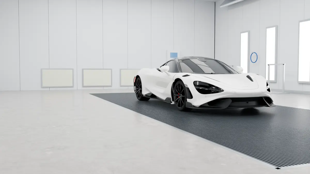 White supercar in a bright paint booth