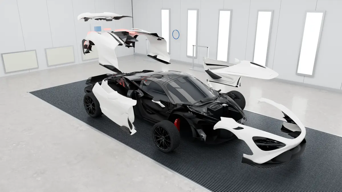 Supercar with its doors, hood, front clip and rear clamshell lifted away from the body